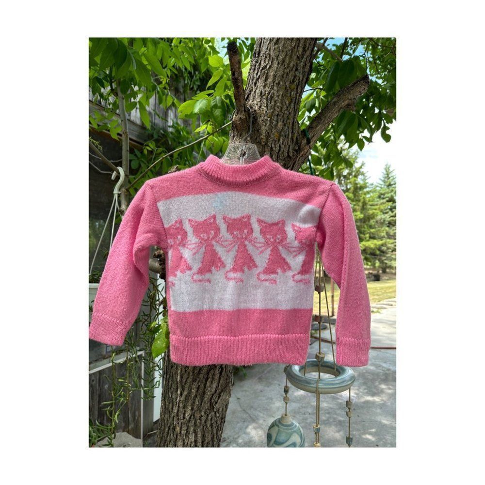 Vintage 80s 90s Pink & White Crew Knit Sweater Kitten Design Kids Sizing